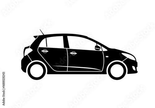 Minimalist black silhouette icon of a modern compact hatchback vehicle, representing urban mobility, personal transport, and efficient travel solutions for contemporary designs