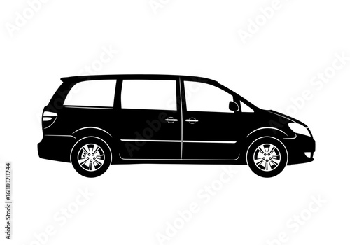 Side profile view of a generic black minivan silhouette. Vector illustration of a family passenger van or multi-purpose vehicle isolated on a white background