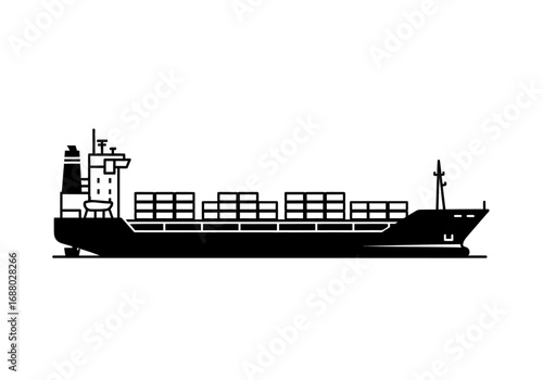 Side view silhouette of a large cargo container ship for maritime transportation. Black and white vector illustration of a freight vehicle
