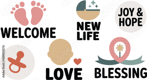 Baby Shower and New Life Graphics Featuring Footprints, Pacifier, Baby, Cradle, Joy, and Blessing