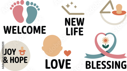 Baby Shower Elements Welcome, New Life, Love, Joy and Hope, Blessing with Baby Icons and Words