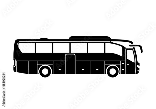 Simple black silhouette icon of a modern tour coach bus. Vector graphic illustration for public transport, charter, and travel services