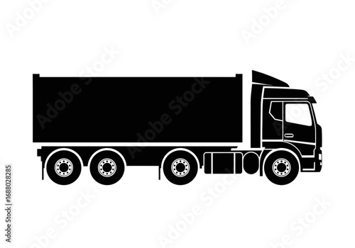 Black silhouette of a heavy dump truck vector icon. Side view of a tipper truck for construction and transport