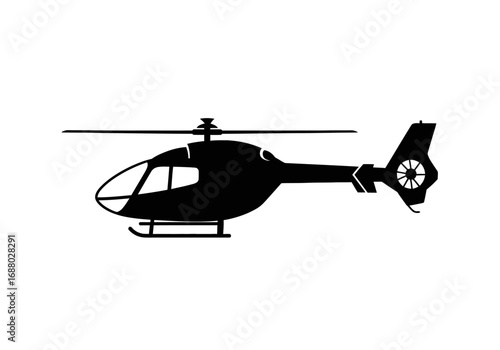 Simple black silhouette of a modern helicopter, isolated on a white background. Vector graphic icon representing aviation, transport, and air travel