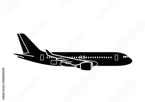 Silhouette Illustration of a Commercial Airplane in Flight on White Background