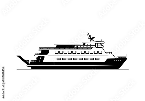 A simple black and white vector illustration of a passenger ferry ship, a large marine vehicle for ocean travel and public transportation