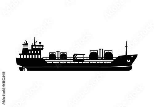 Silhouette of a large industrial tanker ship for liquid cargo transportation. Black and white vector graphic of a maritime freight vehicle