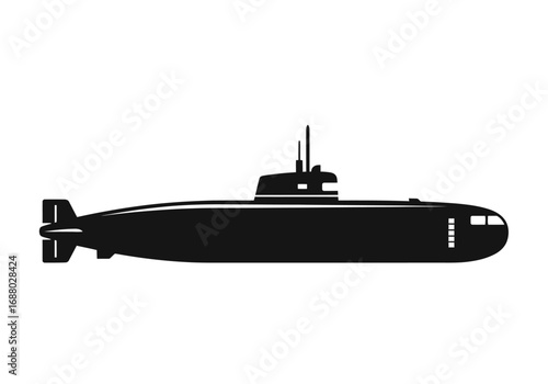 Vector graphic of a black submarine silhouette, isolated on a white background. Symbol of naval military technology and underwater vehicle