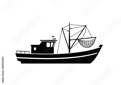 Black silhouette of a fishing trawler boat with a net, isolated on a white background. Vector graphic of a commercial sea vessel