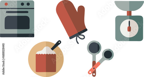 Baking Illustration Oven, Oven Mitt, Kitchen Scale, Ingredient Bowl, and Measuring Spoons Isolated on White