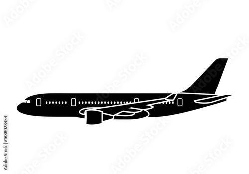 Sleek black silhouette of a modern passenger airplane, representing air travel, aviation, and global transportation against a crisp white background