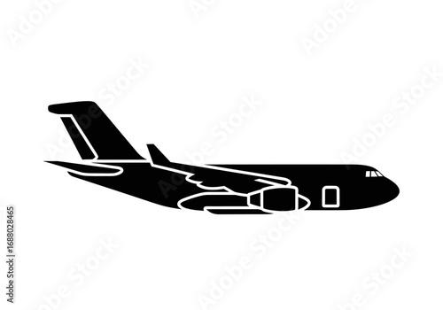 Black silhouette of a large cargo aircraft with four engines, depicted in a side profile view against a white background.