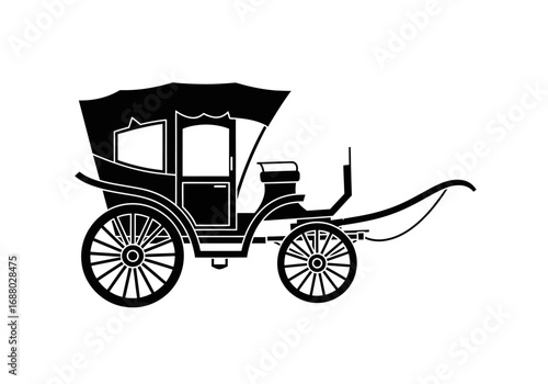 A black silhouette of a classic vintage horse-drawn carriage. A historical transportation vector illustration on a white background