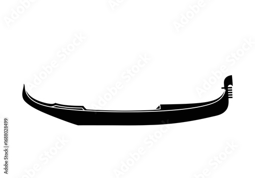 A black silhouette of a traditional Venetian gondola boat, shown in a side profile view and isolated on a white background.