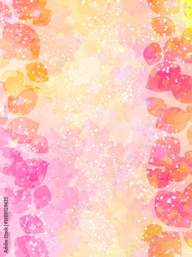 秋の紅葉のイメージの背景素材。水彩風テクスチャー。紅葉の葉っぱのシルエット。かわいい色調。ふんわりした光の輝き。コピースペース。フレーム。たて長構図