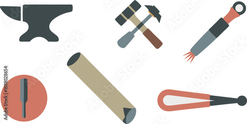 Blacksmithing Tools Illustration Anvil, Hammers, Tongs, Punch, Scroll, and Forge Welding Torch