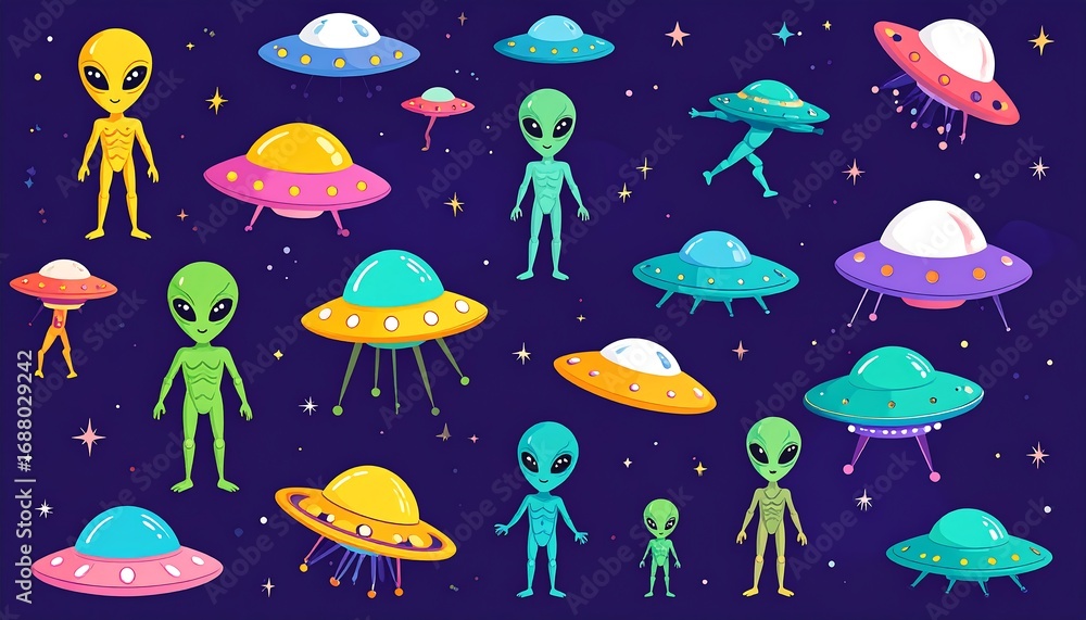 Fototapeta premium Colorful alien and UFO illustration