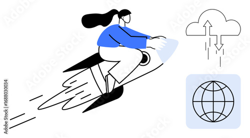 Woman in motion on a rocket signifying innovation and progress. Additional elements include cloud upload and global networking icons. Ideal for technology, growth, startup, success, global reach