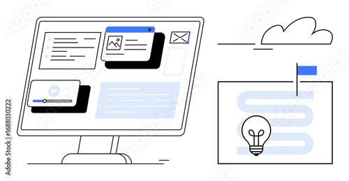 Computer screen with windows, multimedia content, email icon idea light bulb, pathway, flag, and cloud. Ideal for digital workflow, innovation, organization strategy planning productivity