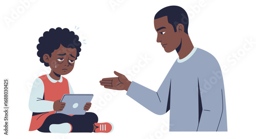 Upset Child with Tablet Concerned Father Reaching Out.