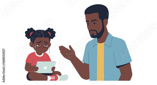 Upset Child with Tablet Fathers Concerned Gesture.