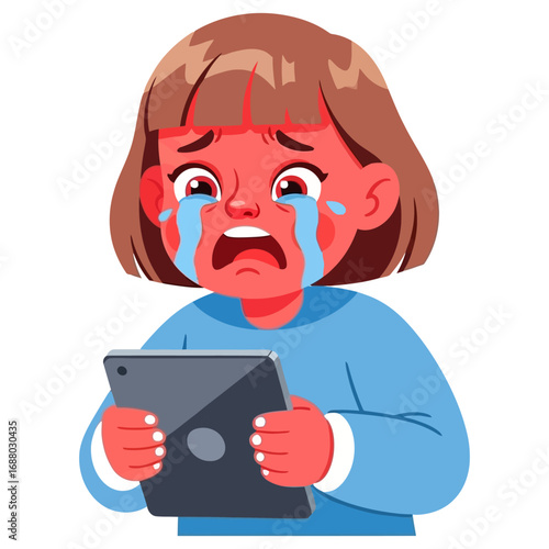 Upset Girl Crying While Using a Tablet.