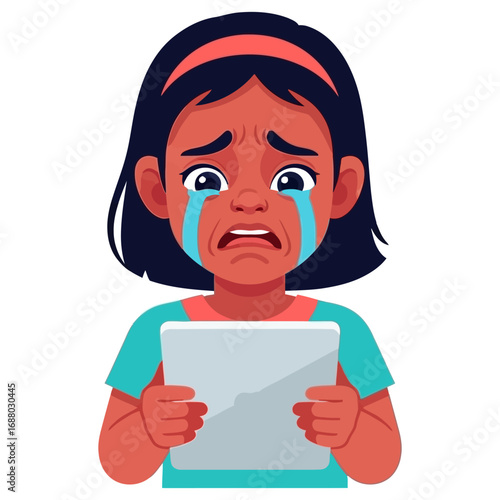 Upset Girl with Tablet Tears Streaming Digital Sadness.