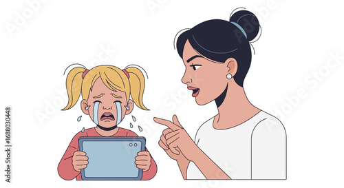 Upset Mother Scolds Crying Child with Tablet.
