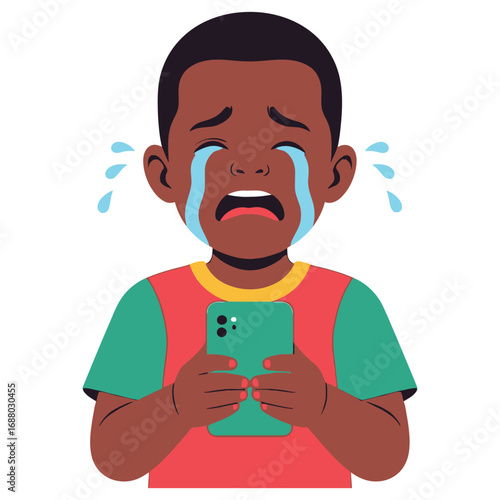 Upset Young Boy Crying While Holding Smartphone.