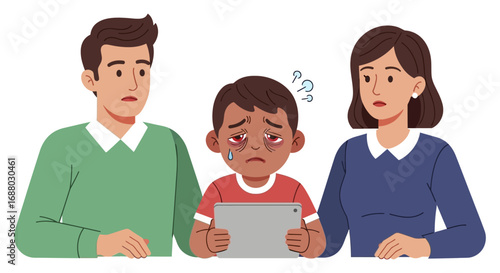 Worried Parents Observe Childs Exhaustion from Tablet Usage Tearful and Stressed.