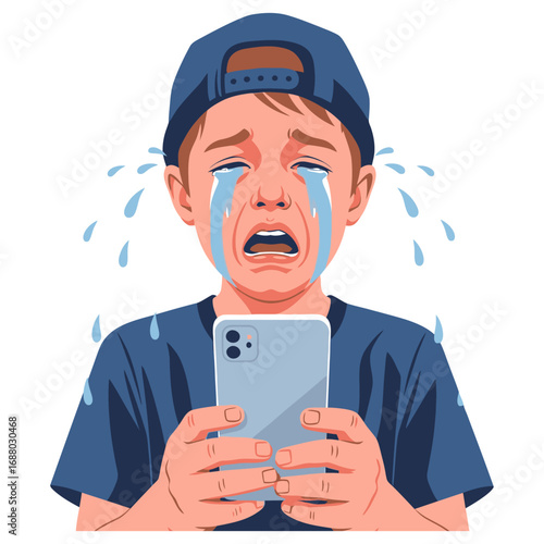 A Crying Boy Holding Phone Tears Flowing Wearing Blue Cap and Shirt.