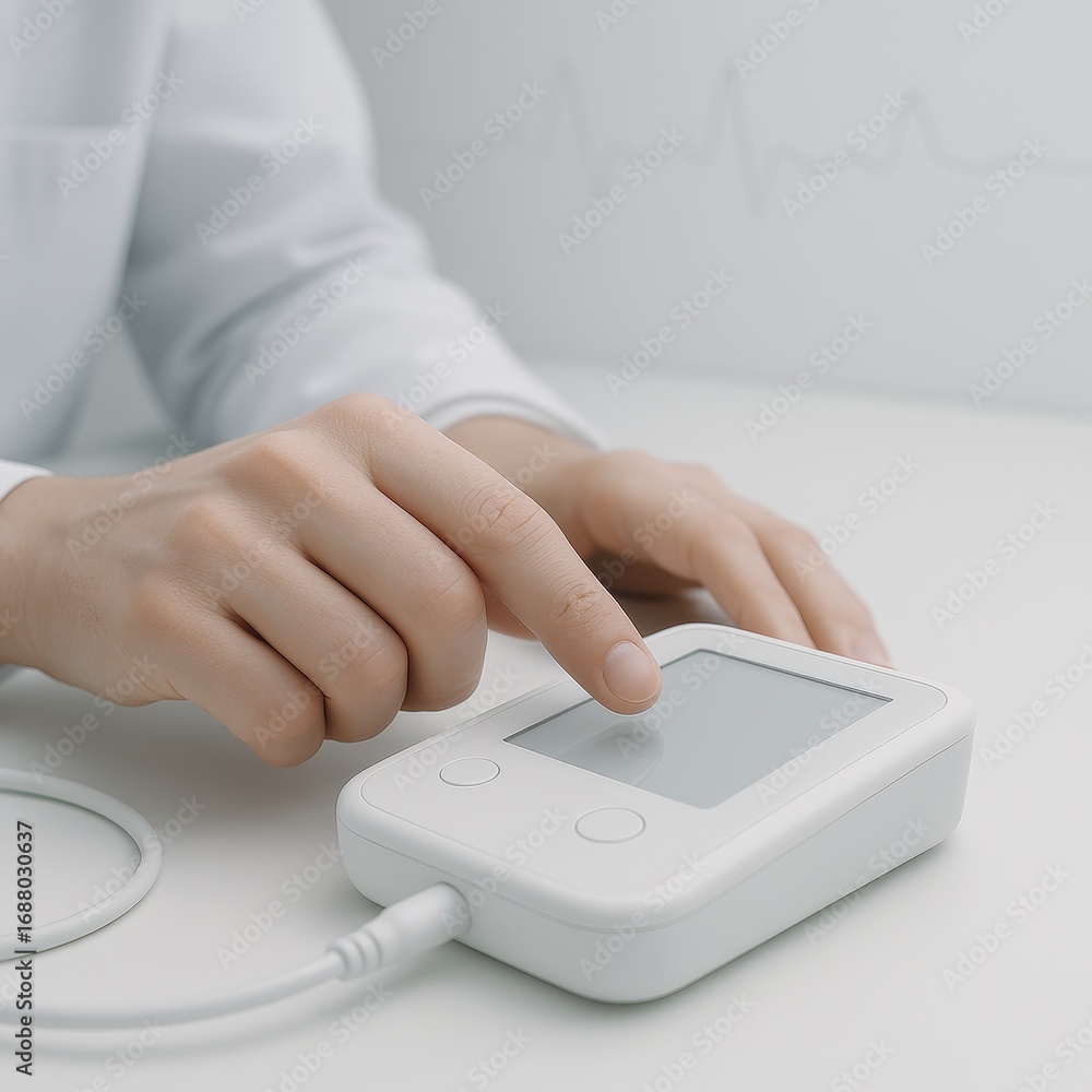 Fototapeta premium Hand holding EEG headband sensor with real time brainwave graph clean clinical scene communicating neurotechnology monitoring research and wellness insights