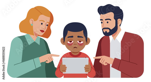 Concerned parents scolding tired child holding tablet with red eyes.