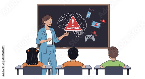 Teacher Explaining Brain Health Risks from Excessive Technology Use to Students.