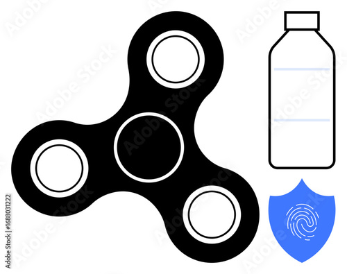 Black fidget spinner, minimalistic water bottle, and a blue shield with a fingerprint. Ideal for wellness, hydration, focus, play, protection security and simplicity. Creative flat metaphor