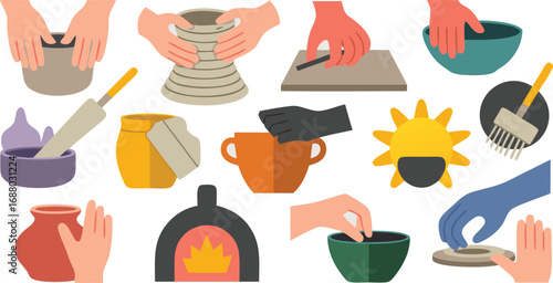 Cartoon Illustration of Pottery Making Process, Various Tools and Clay Creations Displayed Together