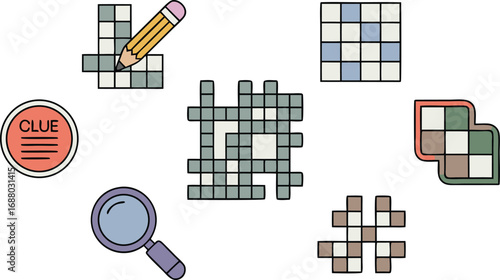 Cartoon of Crossword Puzzles, Pencil, Magnifying Glass, and Clue Sign on White Background