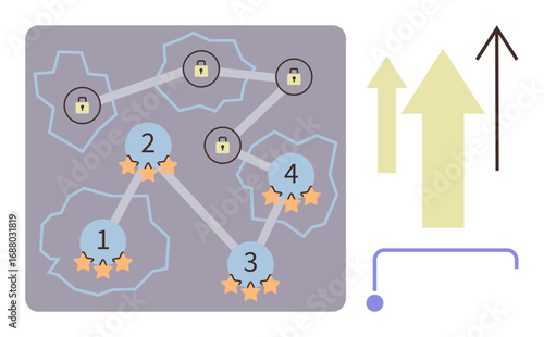 Numbered nodes connected by paths, star ratings, locks, and arrows represent progress, strategy, goals, challenges, achievements and stepwise growth. Ideal for gaming education planning goal