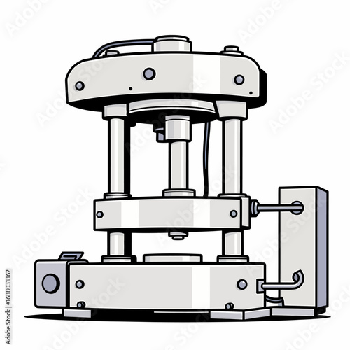 Icon of a hydraulic press with flat colors and bold black outline