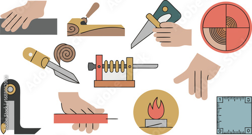 Cartoon Woodworking Tools Illustration Hand Plane, Chisel, Saw, Vice, Ruler and Fire