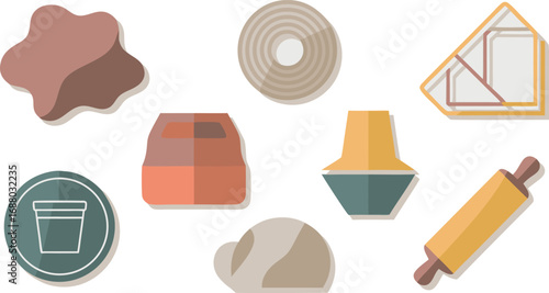 Ceramic Pottery Tools Collection Featuring Rolling Pin, Shapes, and Potter's Wheel Style Flat Design
