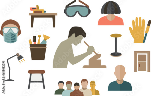 Carving Illustration with Tools, Safety Gear, People, and Workshop Elements on White Background
