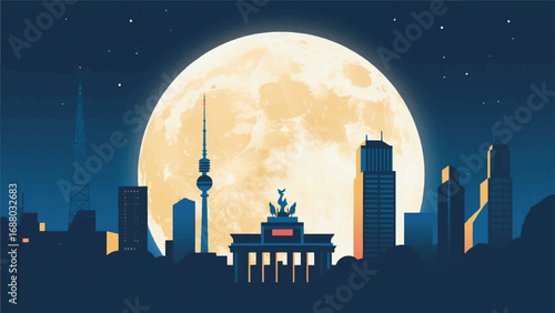 Illustration of Large Full Moon over City with Night Sky Background Vector Design Template