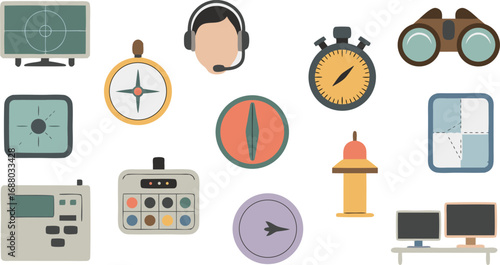 Collection of Vintage Style Illustrated Navigation, Communication, and Surveillance Devices on a White Background