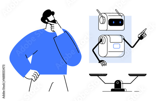 Man thinking while engaging with a robotic assistant gesturing toward a balance scale. Ideal for technology, AI ethics, decision-making, communication, human-machine interaction, innovation, simple