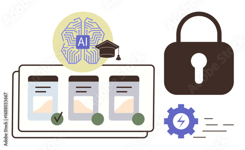 AI neural network diagram, academic cap, data charts with progress tracking, padlock, gear icon, representing AI integration, education, cybersecurity, efficiency innovation decision-making simple