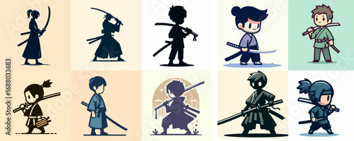 vector illustration set of cartoons carrying katana