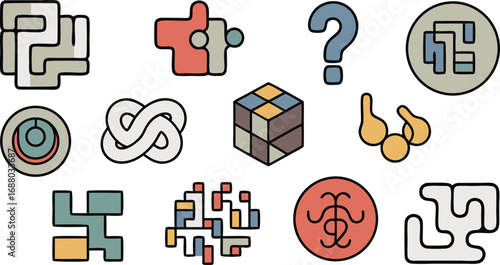 Colorful Abstract Shapes Puzzles, Knot, Question Mark, Cube, Cells, Spirals, and Abstract Designs