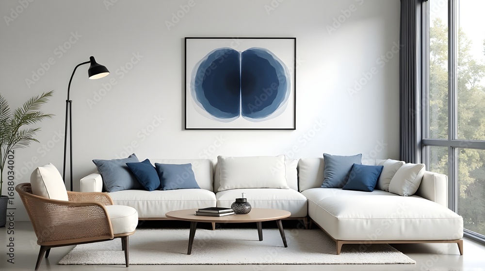 Fototapeta premium Modern minimalist living room with plush sectional, accent chair, abstract art, and natural light