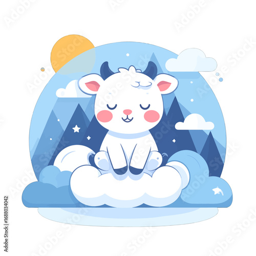 Cute White Calf with Rosy Cheeks Sitting Atop Cloud in Tranquil Scene with Soft Blue Mountains and Gentle Sun in Cartoon Illustration Style